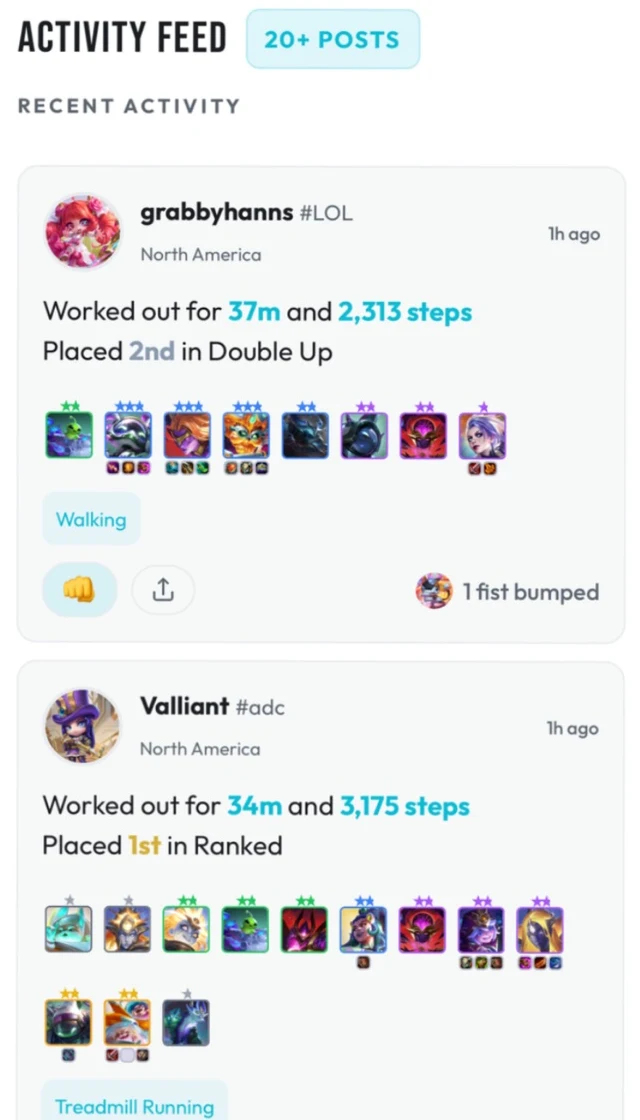 Teamfit Tactics activity feed showing workout minutes, steps, TFT placement, team compositions, and cheers